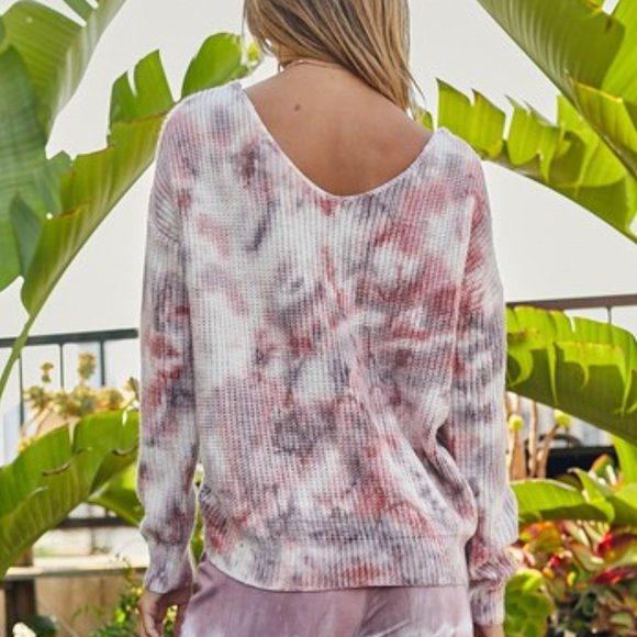 Cranberry Wine Tie Dye Twist V Reversible Sweater - Picture 7 of 14